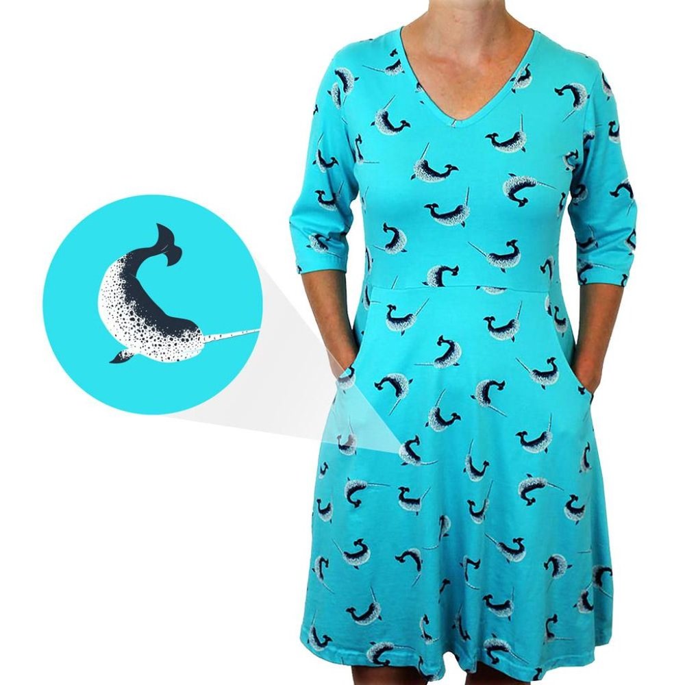 Svaha cotton blue narwhal print Rosalind dress 4X